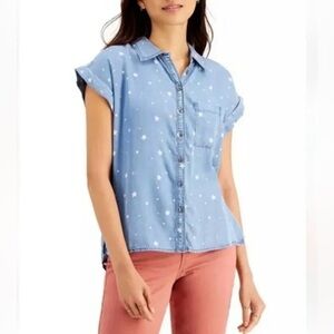 Style & Co Women's Printed
Chambray Camp Shirt Star Night Wash